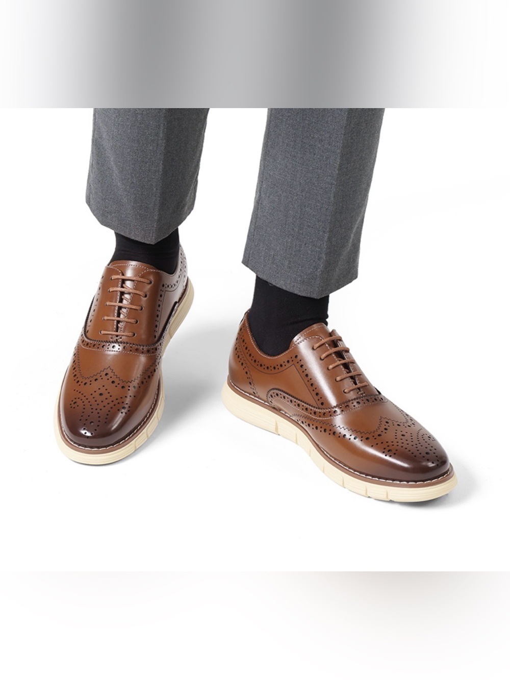Bruno Marc Grandwing Men's Brown Leather Wingtip Dress Shoes with Cream Sole NIB - Picture 6 of 11